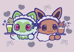 :3 arms_up brown_eyes closed_mouth clothed_pokemon commentary cropped_shoulders cup dot_nose drink eevee enmaided heart holding holding_plate ice ice_cube maid maid_headdress milkb88 no_humans plate pokemon pokemon_(creature) pokemon_focus ribbon simple_background sprigatito untranslatable_commentary violet_eyes 