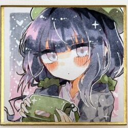  1girl bag black_hair blush book_off cardigan closed_mouth gold_border green_bag green_hat green_scrunchie grey_cardigan grey_eyes hat holding holding_bag kurobe_nanoka long_hair looking_at_viewer mahou_shoujo_no_majo_saiban official_alternate_costume otomebakudan portrait scrunchie shikishi shirt sidelocks solo traditional_media white_shirt 