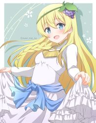  1girl absurdres blonde_hair blue_eyes braid breasts commentary_request cowboy_shot dress food food-themed_hair_ornament frilled_dress frills fruit fruit_hair_ornament grapes hair_ornament highres holding_own_dress iris_(konosuba) kono_subarashii_sekai_ni_shukufuku_wo! long_dress long_hair open_mouth side_braid small_breasts smile solo sweet_miuk_tea twitter_username very_long_hair white_dress 