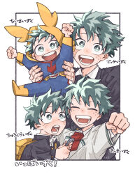  4boys :d ^_^ age_comparison age_progression aged_down all_might all_might_(cosplay) armpit_carry arms_up artist_name bag behind_another belt belt_buckle black_jacket black_suit blazer blush boku_no_hero_academia border bright_pupils buckle buttons carrying carrying_person character_name child choppy_bangs clenched_hand clenched_hands closed_eyes collared_shirt commentary_request cosplay dot_nose double_horizontal_stripe eyebrows_hidden_by_hair facing_viewer freckles fukami_(hk3) gakuran gloves green_eyes green_hair green_necktie grey_jacket hands_up happy highres holding holding_notebook hood hood_up inset_border jacket lapels leg_up long_sleeves looking_at_another looking_at_viewer male_focus midoriya_izuku multiple_boys multiple_scars necktie nose_blush notched_lapels notebook onesie open_mouth outside_border partial_commentary red_necktie round_teeth scar scar_on_cheek scar_on_face scar_on_forehead scar_on_hand school_uniform shirt short_hair side-by-side smile spiky_hair suit suit_jacket teeth time_paradox translation_request u.a._school_uniform upper_body upper_teeth_only white_background white_border white_pupils white_shirt wing_collar yellow_bag yellow_belt yellow_hood 