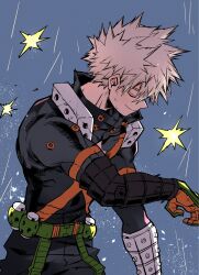 bakugou_katsuki belt belt_buckle black_pants blonde_hair blue_background boku_no_hero_academia buckle chiyaya closed_eyes closed_mouth cowboy_shot crack diamond_(shape) explosive eyebrows_hidden_by_hair facing_down film_grain from_side gloves green_gloves grenade hand_up high_collar highres male_focus multicolored_gloves orange_gloves pants profile rain short_hair single_horizontal_stripe smile snap-fit_buckle solo sparkle spiky_hair split_mouth spoilers torn_clothes two-sided_gloves two-tone_gloves wrist_guards 