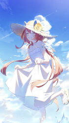  1girl absurdres animal_ears arm_strap auklet5580 bare_shoulders blue_sky blush breasts closed_eyes clouds commentary_request day dress ear_covers ears_through_headwear flower full_body grin hair_between_eyes hat hat_flower highres holding_own_dress horse_ears horse_girl long_hair low_twintails open_mouth outdoors red_hair sandals sky sleeveless sleeveless_dress small_breasts smile solo sun_hat sundress twintails umamusume water white_dress win_variation_(umamusume) 