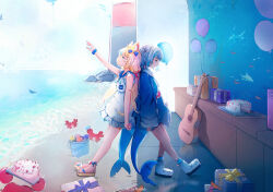  2girls absurdres animal_ears artist_name back-to-back balloon blonde_hair blue_eyes blue_sailor_collar blue_streaks box bucket cake cat_ears crab day dress ebi-chan_(gawr_gura) fins fish_tail food gawr_gura gawr_gura_(1st_costume) gift gift_box guitar happy_birthday highres hololive hololive_english indie_virtual_youtuber instrument kaniki_(sameko_saba) lifebuoy_hair_ornament long_hair long_sleeves looking_down morted_art multicolored_hair multiple_girls sailor_collar sameko_saba sameko_saba_(1st_costume) scrunchie seashell shark_girl shark_tail shell sleeveless sleeveless_dress standing stitched_tail streaked_hair tail virtual_youtuber white_dress white_hair wrist_scrunchie 