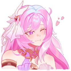  1girl bare_shoulders biwa5uuu corset diamond-shaped_pupils diamond_(shape) elysia_(herrscher_of_human:_ego)_(honkai_impact) elysia_(honkai_impact) hair_ornament heart highres honkai_(series) honkai_impact_3rd long_hair multicolored_hair one_eye_closed pink_hair pout simple_background solo symbol-shaped_pupils triquetra two-tone_hair upper_body very_long_hair violet_eyes white_background white_corset white_hair 