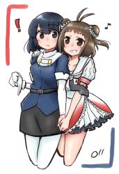  ! 2girls antenna_hair belt black_belt black_skirt blue_hair breasts closed_mouth collarbone cowboy_shot cropped_legs double_bun grin haguro_(kancolle) hair_between_eyes hair_bun hand_on_another's_shoulder holding_hands kantai_collection ma_rukan multiple_girls naka_(kancolle) pantyhose puffy_short_sleeves puffy_sleeves short_hair short_sleeves skirt smile white_background white_pantyhose 