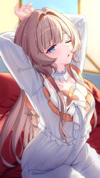  1girl arms_behind_head blue_eyes brown_hair commentary_request cowboy_shot ewaaawa fingernails genshin_impact hair_intakes highres indoors long_hair looking_at_viewer nightgown official_alternate_costume official_alternate_hairstyle one_eye_closed parted_lips sandrone_(genshin_impact) sandrone_(the_final_gift)_(genshin_impact) sitting solo twitter_username very_long_hair white_nightgown winding_key 