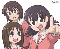  3girls :d absurdres artist_name azumanga_daioh azumanga_daioh's_school_uniform brown_eyes brown_hair fuguiibo hair_between_eyes highres kagura_(azumanga_daioh) kasuga_ayumu l_hand long_hair multiple_girls pointing school_uniform short_hair simple_background smile spiky_hair takino_tomo white_background 