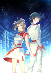  1boy 1girl ahoge amagase_touma amami_haruka back-to-back brown_hair city closed_mouth commentary_request dress feet_out_of_frame garrison_cap gloves hat highres idolmaster idolmaster_(classic) idolmaster_side-m jacket light_smile long_sleeves looking_at_viewer mintpmintp night official_alternate_costume outdoors pants red_dress red_hat short_hair standing two-tone_dress two-tone_hat voy@ger_(idolmaster) white_dress white_gloves white_hat white_jacket white_pants 