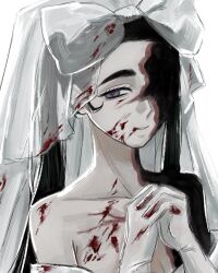  1girl alien_stage black_hair blood blood_on_chest blood_on_face blood_on_hand bow commentary gloves grey_eyes hair_bow heart heart-shaped_pupils highres long_hair official_alternate_costume own_hands_together portrait see-through_clothes see-through_veil sjiaa solo sua_(alien_stage) sua_(zombie_stage) symbol-shaped_pupils twintails veil white_background white_gloves zombie_stage 