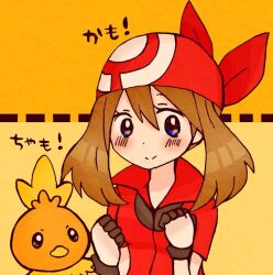  1girl 1other bandana beak bird blush brown_hair chicken clenched_hands commentary_request ganbaru_pose gloves highres jacket may_(pokemon) orange_background pokemon pokemon_(creature) pokemon_ruby/sapphire/emerald red_bandana red_jacket short_sleeves smile tareme torchic translation_request two-tone_background upper_body violet_eyes yuimeroco 