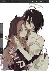 2girls alien_stage art_program_in_frame black_hair black_veil chinese_commentary commentary_request gloves hair_between_eyes halo hand_in_another's_hair highres lian_yan_pi_buluo_shouling long_hair mizi_(alien_stage) multiple_girls official_alternate_costume pink_hair short_hair sua_(alien_stage) veil white_gloves 