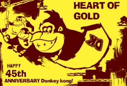  anniversary artist_logo beard commentary cranky_kong donkey_kong donkey_kong_(1981_game) donkey_kong_(series) donkey_kong_jr. donkey_kong_jr._(game) english_commentary facial_hair furry furry_male highres logo male_focus mario necktie smile steel_beam super_mario_bros. yellow_theme yuanman 