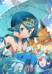  1girl blue_eyes blue_hair blush bright_pupils commentary_request eevee hair_over_eyes hairband highres holding holding_umbrella lana_(pokemon) looking_at_viewer one-piece_swimsuit open_mouth outdoors pants pokemon pokemon_(anime) pokemon_(creature) pokemon_the_series:_sun_&amp;_moon popplio rain sailor_collar sandy_(eevee)_(pokemon) shirt short_hair sleeveless smile starter_pokemon_trio swimsuit swimsuit_under_clothes tail taisa_(lovemokunae) umbrella yellow_hairband 