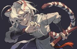  1boy ahoge animal_ears black_bridal_gauntlets black_pants borrowed_character bridal_gauntlets chinese_clothes commission cowboy_shot crazy_eyes crazy_smile crooked_smile curtained_hair extra_ears fangs fingernails hair_over_shoulder hand_up high-waist_pants holding holding_sword holding_weapon jewelry long_fingernails long_hair looking_at_viewer male_focus messy_hair neri_neri_da open_mouth original pants ponytail purple_background ring sanpaku second-party_source sheath sheathed shirt shirt_tucked_in side_part simple_background skeb_commission smile solo sword tail teeth three-quarter_sleeves tiger tiger_boy tiger_tail uneven_eyes weapon white_eyes white_hair white_loincloth white_shirt white_tiger 