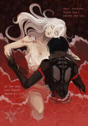  2girls ambiguous_red_liquid amputee android ariane_yeong bandaid bandaid_on_cheek bandaid_on_face bandaid_on_forehead black_hair black_hands blood blood_on_arm breasts closed_eyes colored_extremities commentary cracked_skin damaged dress elster_(signalis) english_commentary english_text facing_viewer from_above grabbing_another's_arm hand_on_another's_neck highres long_hair metal_skin multiple_girls partially_submerged red_ocean short_hair signalis upper_body veletris white_dress white_hair 