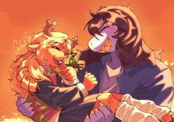  1other 2girls animal_ears antlers bench blonde_hair brown_hair buck_teeth checkered_clothes checkered_vest colored_skin colored_teeth commentary couple cuchufle_art deer_antlers deer_ears deer_girl deltarune english_commentary furry furry_female happy highres horns jacket kris_(deltarune) leg_warmers multiple_girls noelle_holiday park_bench purple_jacket purple_skin reindeer_girl reptile_girl sharp_teeth susie_(deltarune) teeth two-tone_sweater_vest utdr_(toby_fox) vest yellow_teeth yuri 