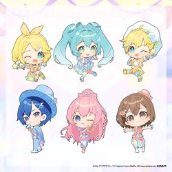 2boys 4girls :d ;d ahoge aqua_hair artist_name asazuke25 beret blonde_hair blue_eyes blue_hair blue_hat blue_pants bow-shaped_hair braid brown_eyes brown_hair chibi chibi_only closed_mouth commentary_request company_name copyright_notice frills full_body gradient_hair green_eyes hair_ornament hat hatsune_miku heart heart_hands jacket kagamine_len kagamine_rin kaito kaito_(vocaloid) megurine_luka meiko meiko_(vocaloid) multicolored_hair multiple_boys multiple_girls official_art one_eye_closed open_clothes open_jacket open_mouth pants pink_hair pom_pom_(clothes) red_hat second-party_source shoes shorts smile socks standing star_(symbol) sweater tongue twintails v-shaped_eyebrows violet_eyes vocaloid web_address white_hair white_hat white_shoes white_shorts white_socks yellow_jacket yellow_shorts yellow_sweater