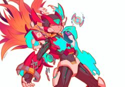  1boy armor biometal closed_eyes cowboy_shot forehead_jewel helmet highres male_focus mega_man_(series) mega_man_x_(series) mega_man_zero_(series) mega_man_zx model_z_(mega_man) red_armor red_hair red_helmet simple_background solo_focus tomycase white_background zero(z)_(mega_man) zero_(mega_man) 