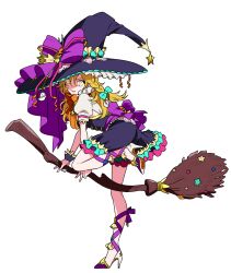  1girl adapted_costume ankle_lace-up aqua_bow back_bow black_bodice black_hat black_skirt black_wrist_cuffs blonde_hair bodice bow broom frilled_skirt frills from_side full_body ghost_hair_ornament hair_between_eyes hair_bow hair_ornament halloween halloween_costume hat hat_ornament high_heels highres hinabu jack-o'-lantern_hat_ornament kirisame_marisa long_hair open_mouth orange_bow puffy_short_sleeves puffy_sleeves purple_bow purple_shoes shoes short_sleeves shrug_(clothing) simple_background skirt smile solo standing standing_on_one_leg star_(symbol) star_hat_ornament touhou white_background white_shoes white_shrug witch_hat wrist_cuffs yellow_eyes 