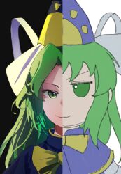  >:) 1girl absurdres acor blue_hat blue_robe bow bowtie character_doll closed_mouth commentary_request curtained_hair doll fumo_(doll) gold_trim green_eyes green_hair hat hat_ribbon highres i'm_fine_(meme) long_hair looking_at_viewer meme mima_(touhou) ribbon robe short_sleeves sidelighting simple_background smirk sun_print touhou touhou_(pc-98) upper_body v-shaped_eyebrows white_background white_ribbon wizard_hat yellow_bow yellow_bowtie yellow_hat 