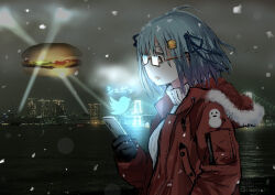  1girl bay black_gloves blue_hair borrowed_character bridge burger cellphone city city_lights coat commentary floating_hair food food-themed_hair_ornament from_side fur-trimmed_hood fur_trim giba_ryan glasses gloves hair_ornament hamburger-chan_(hundredburger) holding holding_phone hologram hood hood_down hooded_coat looking_at_phone night open_mouth original outdoors overcast oversized_food oversized_object phone red_coat searchlight short_hair sideways_mouth sky skyline smartphone snowing solo sweater turtleneck turtleneck_sweater twitter twitter_bird upper_body white_sweater 