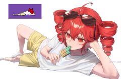  1girl ahoge artist_name double-parted_bangs drill_hair eating eyewear_on_head food hair_between_eyes hand_on_own_head highres holding holding_food holding_popsicle kasane_teto liar_dancer_(synthesizer_v) lying on_side popsicle red_eyes red_hair reference_inset shirt shorts simple_background socks solo soru_2023 sunglasses synthesizer_v t-shirt twin_drills twitter_username utau white_background white_shirt white_socks yellow_shorts 