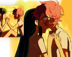  2girls alien_stage black_hair bruise bruise_on_face commentary english_commentary glasses highres holding_hands injury long_hair mizi_(alien_stage) mizi_(zombie_stage) multiple_girls pink_hair reference_inset shirt short_hair sua_(alien_stage) sua_(zombie_stage) very_short_hair white_shirt wompompd yuri zombie_stage 