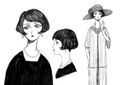  1920s_fashion 1girl brown_eyes cowboy_shot dress earrings eleanor_(ohmyeleanor) eyelashes flower from_side greyscale half-closed_eyes hand_up hat hat_flower jewelry jitome lipstick long_dress looking_ahead looking_to_the_side makeup monochrome multiple_views necklace original pearl_earrings pearl_necklace pixie_cut portrait serious short_hair short_sleeves side_part sidelocks sideways_glance simple_background sketch spot_color sun_hat upper_body very_short_hair white_background wide_sleeves 