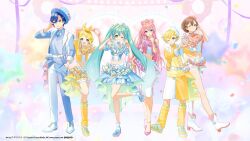2boys 4girls :d ;) aqua_eyes aqua_hair asazuke25 beret blonde_hair blue_eyes blue_hair blue_hat blue_shirt blue_skirt bow bow-shaped_hair braid brown_eyes brown_hair commentary_request company_name copyright_notice frills full_body gradient_hair grey_sweater_vest hair_bow hat hatsune_miku heart heart_hands jacket kagamine_len kagamine_rin kaito kaito_(vocaloid) leg_up megurine_luka meiko meiko_(vocaloid) multicolored_hair multicolored_shorts multiple_boys multiple_girls navel official_art one_eye_closed open_clothes open_jacket pink_hair pink_shoes plaid_clothes plaid_shirt second-party_source shirt shoes shorts skirt smile star_(symbol) sweater_vest twintails violet_eyes vocaloid web_address white_hat white_jacket white_shoes white_shorts yellow_bow yellow_shorts