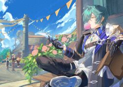  1boy ahoge armor belt belt_collar bench black_belt black_boots black_gloves blowing_bubble_gum blue_gloves blue_shirt blue_sky boots chewing_gum choker clouds cloudy_sky coat collar collared_shirt commentary crossed_bangs crossed_legs double-parted_bangs ear_piercing earrings english_commentary food fruit full_body genshin_impact gloves green_hair hair_between_eyes hair_intakes hair_over_one_eye highres holding holding_knife holding_weapon jewelry knife lohen_(genshin_impact) long_sleeves male_focus multicolored_eyes multicolored_gloves pants pennant piercing plant shirt short_hair shoulder_armor single_earring sitting sky syenions tent thigh_strap twitter_username two-tone_gloves weapon white_pants wooden_bench 