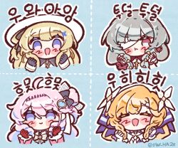  4girls :t ahoge bandage_over_one_eye black_bow black_gloves blonde_hair blue_eyes blush bow closed_mouth commentary_request denia_(wuthering_waves) earrings gloves grey_hair hair_bow hair_ornament hat holding_own_hair jewelry korean_commentary korean_text long_hair looking_at_viewer multiple_girls open_mouth orange_hair phoebe_(wuthering_waves) phrolova_(wuthering_waves) pink_hair red_gloves sigrika_(wuthering_waves) smile sw_haze translation_request veil violet_eyes white_hat white_veil wuthering_waves x_hair_ornament 