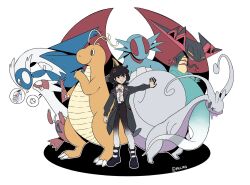  1girl ? black_boots black_coat black_eyes black_hair boots brown_eyes claws closed_mouth coat collared_shirt commentary dragapult dragon dragon_type_theme_(pokemon) dragon_wings dragonite dripping duraludon ear_piercing earrings english_commentary full_body gradient_pants hair_ornament highres hisuian_goodra holding jewelry latias latios open_clothes open_coat open_mouth original outline pants piercing pokemon pokemon_(creature) pokemon_team purpurata red_eyes salamence shirt short_hair simple_background skull slime_(substance) smile standing twitter_username two-tone_pants white_background white_outline white_shirt wings yellow_eyes 