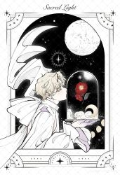  1boy alien_stage back_bow bell_jar blonde_hair bow chinese_commentary closed_eyes colored_eyelashes commentary_request english_text flower highres kissing_object long_sleeves luka_(alien_stage) male_focus partial_commentary primrose_(flower) puffy_long_sleeves puffy_sleeves red_flower shirt short_hair solo song_name very_short_hair white_bow white_shirt yingjing_da_mao_fu 