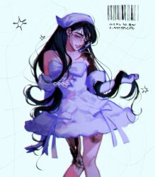  1girl alien_stage artist_name bandana barcode black_hair commentary cowboy_shot dress elbow_gloves gloves headset holding_own_hair long_hair meru90 microphone solo strapless strapless_dress sua_(alien_stage) sua_(zombie_stage) very_long_hair white_bandana white_dress white_gloves zombie_stage 