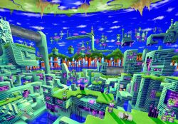  clouds floating floating_city floating_object grand_scale grass highres mountain no_humans outdoors planet psychedelic reflection reflective_liquid scenery sonic_(series) sonic_cd sonic_the_hedgehog_(classic) water wrograln 