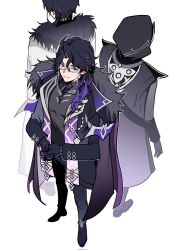 3boys ahoge aiguillette back-to-back black_coat black_gloves black_hair black_pants black_sash black_shirt closed_mouth coat covered_collarbone fatui_coat full_body fur-trimmed_coat fur_trim genshin_impact glasses gloves gradient_hair hair_between_eyes hands_up highres hood hooded_coat lapels long_sleeves looking_at_viewer looking_up male_focus medium_hair multicolored_hair multiple_boys multiple_persona open_clothes open_coat own_hands_together pantalone_(genshin_impact) pants purple_coat purple_hair purple_scarf purple_shoes sash scarf semi-rimless_eyewear shirt shoes simple_background smile standing turtleneck turtleneck_shirt two-sided_coat two-sided_fabric two-tone_hair violet_eyes wavy_hair white-framed_eyewear white_background white_coat yuelinpanp98413 