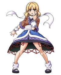  1girl :< arm_warmers black_shoes blonde_hair blush breasts brown_shirt closed_mouth commentary dot_nose english_commentary frown full_body green_eyes hair_intakes half_updo hand_up highres jojo_no_kimyou_na_bouken jojo_pose jonathan_joestar's_pose layered_skirt legs_apart looking_at_viewer loose_socks mary_janes mizuhashi_parsee open_hands parted_bangs pigeon-toed pointy_ears ponytail praeto sash scarf shirt shoes short_hair short_sleeves simple_background skirt small_breasts socks solo standing straight-on touhou v-shaped_eyebrows white_background white_sash white_scarf white_socks 