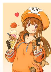  1girl :q black_gloves blush brown_hair collarbone commentary_request fingerless_gloves food food_on_face gloves guilty_gear guilty_gear_strive hat heart hood hoodie ice_cream_cone may_(guilty_gear) nemimin orange_hat orange_hoodie red_eyes smile solo standing tongue tongue_out upper_body 