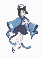  1girl absurdres animal_ears black_choker black_hair black_sailor_collar black_skirt blue_archive blue_eyes blue_haori blue_neckerchief cat_ears cat_girl cat_tail choker closed_mouth commentary_request flip-flops full_body halo haori highres japanese_clothes kikyou_(blue_archive) kneehighs long_sleeves looking_at_viewer multiple_tails neckerchief pleated_skirt sailor_collar sandals school_uniform serafuku short_hair simple_background skirt socks solo tail tokage_(pr) two_tails white_background 