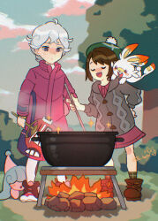  1boy 1girl :d bede_(pokemon) boots brown_boots campfire closed_eyes commentary_request cooking cooking_pot dress fire gloria_(pokemon) grey_jacket haki5800 hand_fan hat hatenna highres jacket pink_dress pokemon pokemon_(creature) pokemon_sword_and_shield scorbunny shoes smile sneakers stirring tam_o'_shanter tree 