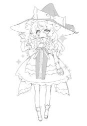  1girl back_bow bow braid commentary curiosities_of_lotus_asia dress full_body greyscale hair_bow hat hat_bow highres kirisame_marisa long_hair looking_at_viewer monochrome official_alternate_costume puffy_short_sleeves puffy_sleeves romaji_commentary short_sleeves side_braid single_braid sketch solo touhou witch_hat wrist_cuffs yuji_tsukumo 