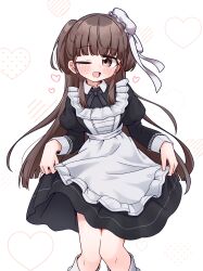  1girl absurdres apron black_dress blush brown_eyes brown_hair commentary_request dress fugakutkt hat heart highres holding_own_dress long_hair looking_at_viewer one_eye_closed open_mouth shine_post solo tamaki_kyouka two_side_up white_apron white_hat 