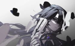  1boy black_butterfly black_hair brooch bug butterfly character_request collared_shirt commentary e.g.o_(project_moon) english_commentary frills gender_request gloves gun handgun highres holding holding_gun holding_weapon jewelry limbus_company long_hair looking_at_viewer looking_to_the_side male_focus parted_lips project_moon shirt sidelighting solemn_lament_(e.g.o) solo weapon white_butterfly yi_sang_(project_moon) zero_letter 