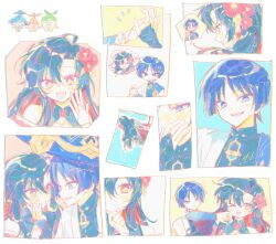  >_o +_+ 1boy 1girl arabalika_(genshin_impact) arakavi_(genshin_impact) aranara_(genshin_impact) ararycan_(genshin_impact) arms_behind_back asymmetrical_bangs bare_shoulders black_bodysuit black_hair blue_cape blue_gem blue_hat blue_jingasa blue_sleeves blunt_ends blush bodysuit bridal_gauntlets bright_pupils camellia_(trave1er) cape cheek_squash choppy_bangs cleavage_cutout closed_mouth clothing_cutout colored_inner_hair commission couple covering_own_mouth curled_fingers earrings embarrassed eyeliner facing_viewer feather_hair_ornament feathers fingernails flower flower_earrings flying_sweatdrops gem genshin_impact gold gold_ring hair_intakes hair_ornament half-closed_eyes hand_on_another's_face hand_on_own_chin hand_over_own_mouth hand_up hat hetero highres holding_hands interlocked_fingers japanese_clothes jewelry jingasa kimono layered_sleeves long_hair looking_at_another looking_at_hands looking_to_the_side makeup mandarin_collar middle_ring multicolored_hair multiple_views oc_x_canon one_eye_closed open_clothes open_hand open_kimono open_mouth orange_eyes original plum_blossoms red_eyeliner red_flower red_hair scaramouche_(genshin_impact) second-party_source short_sleeves side_cape sideways_mouth smile spoken_character tassel tassel_earrings teeth tilted_headwear tsurime upper_teeth_only violet_eyes vision_(genshin_impact) wanderer_(genshin_impact) white_bridal_gauntlets white_kimono white_pupils white_sleeves wow1211 yellow_feathers 
