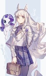 1girl absurdres alternate_costume animal_ears arknights bag black_pantyhose blue_eyes brown_eyes chinese_commentary closed_mouth collared_shirt commentary_request cowboy_shot dated grey_hair highres holding holding_bag horse_ears horse_girl horse_tail jacket long_hair long_sleeves looking_at_viewer my_little_pony necktie pantyhose plaid_clothes plaid_skirt platinum_(arknights) pleated_skirt purple_hair purple_necktie rarity_(my_little_pony) school_bag shirt signature skirt smile standing tail unicorn very_long_hair white_jacket yizhixiaopomao 