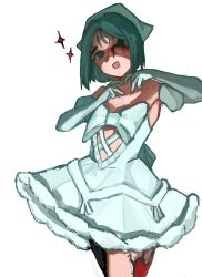  1girl alien_stage bandana bob_cut bow chest_bow commentary cowboy_shot dress dress_bow elbow_gloves four-finger_heart_hands gloves heart heart_hands highres open_mouth short_hair solo strapless strapless_dress sua_(alien_stage) sua_(zombie_stage) white_background white_bandana white_bow white_dress white_gloves y_usa09 zombie_stage 