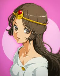  1girl black_hair brown_eyes circlet druaga_no_tou ki_(druaga) long_hair looking_at_viewer looking_to_the_side lowres matsudo_aya oekaki parted_lips pink_background shirt solo upper_body white_shirt 