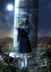  1girl absurdres arm_at_side bandaged_leg bandages black_eyes black_hair blue_jacket blue_skirt city_lights closed_mouth commentary_request epaulettes floating_building floating_hair full_body full_moon giba_ryan half-closed_eyes hand_on_own_chest highres jacket kimi_no_sensou_boku_no_hebi lake lake_suwa light_smile long_hair long_sleeves looking_at_viewer military_jacket moon mountainous_horizon night outdoors real_world_location rebar rubble single_epaulette skirt solo standing toukaichi_inori tower traffic_light 