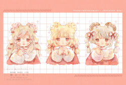  3girls :< :3 :q animal_ears bear_ears blonde_hair blush_stickers bow braid closed_mouth commentary cropped_shoulders english_commentary english_text fur-trimmed_sleeves fur_trim hair_bow hair_ribbon hair_sprinkles heart heart_in_eye high_collar icing long_sleeves multiple_girls mura_(yoshishi_ff) open_mouth original own_hands_together red_bow red_nails red_ribbon red_shirt red_sleeves ribbon shirt smile sprinkles symbol_in_eye tareme tongue tongue_out twin_braids twintails white_hair 