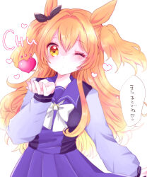  1girl animal_ears blowing_kiss blush bow bowtie breasts brown_ribbon ear_bow ear_ribbon hair_between_eyes heart highres horse_ears horse_girl long_hair long_sleeves looking_at_viewer mayano_top_gun_(umamusume) one_eye_closed orange_eyes orange_hair pleated_skirt purple_sailor_collar purple_serafuku purple_shirt purple_skirt reya_p_d3 ribbon sailor_collar sailor_shirt school_uniform serafuku shirt skirt solo tracen_school_uniform two_side_up umamusume white_bow white_bowtie 